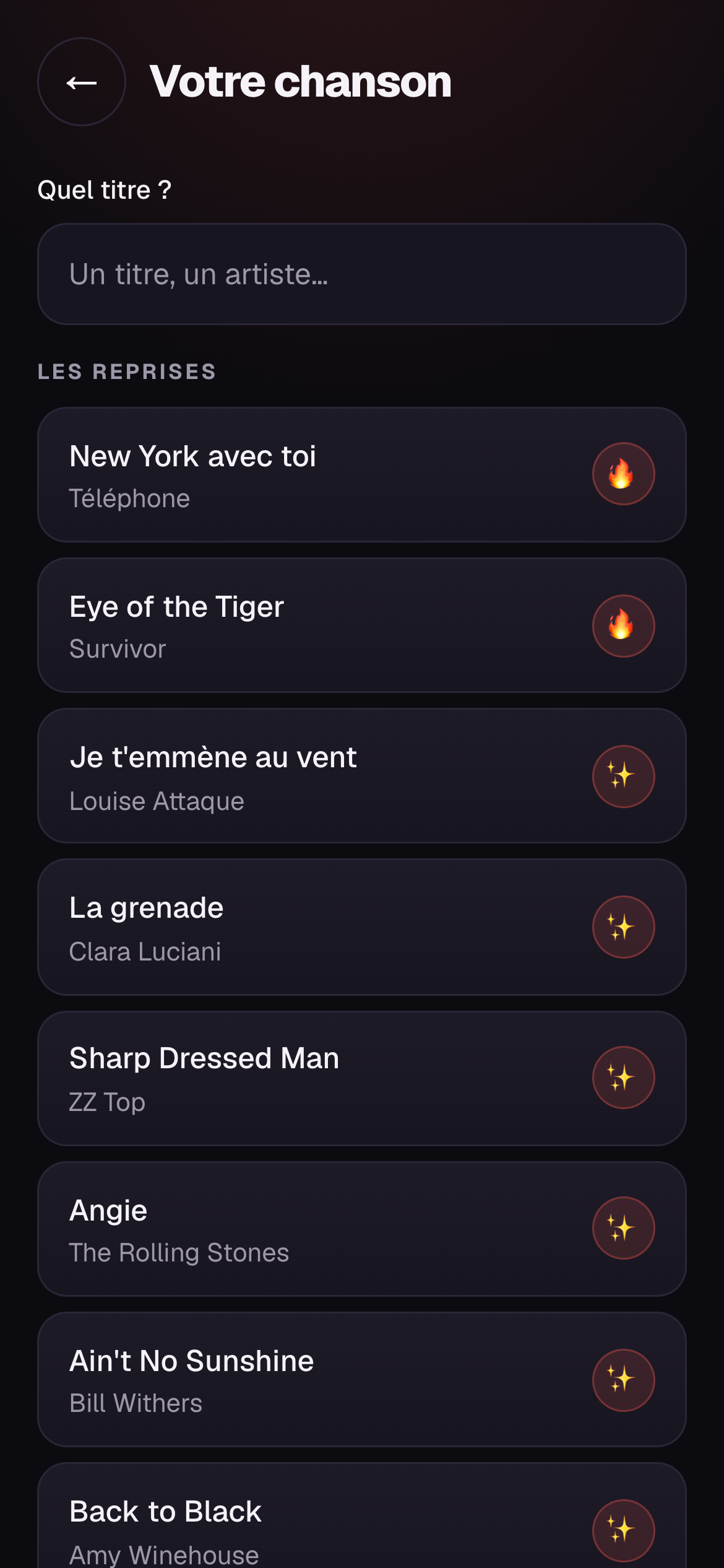 Le répertoire dans l'app, avec les titres classés et une recherche