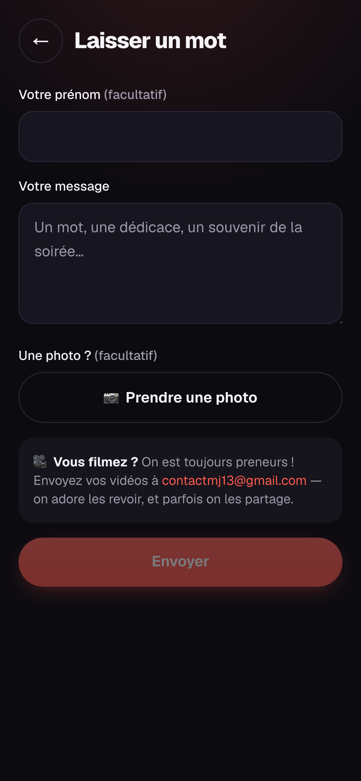 Formulaire pour laisser un message ou une photo pendant la soirée